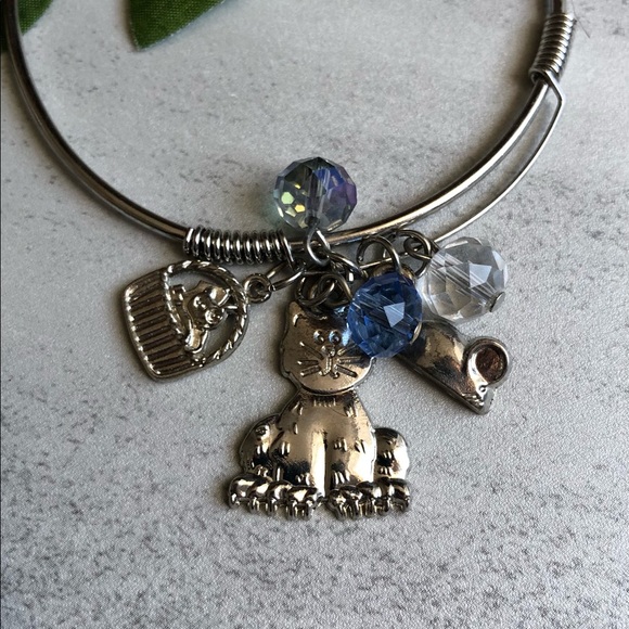 Cat Mouse Bead Silver Charm Bangle Bracelet - Picture 3 of 4